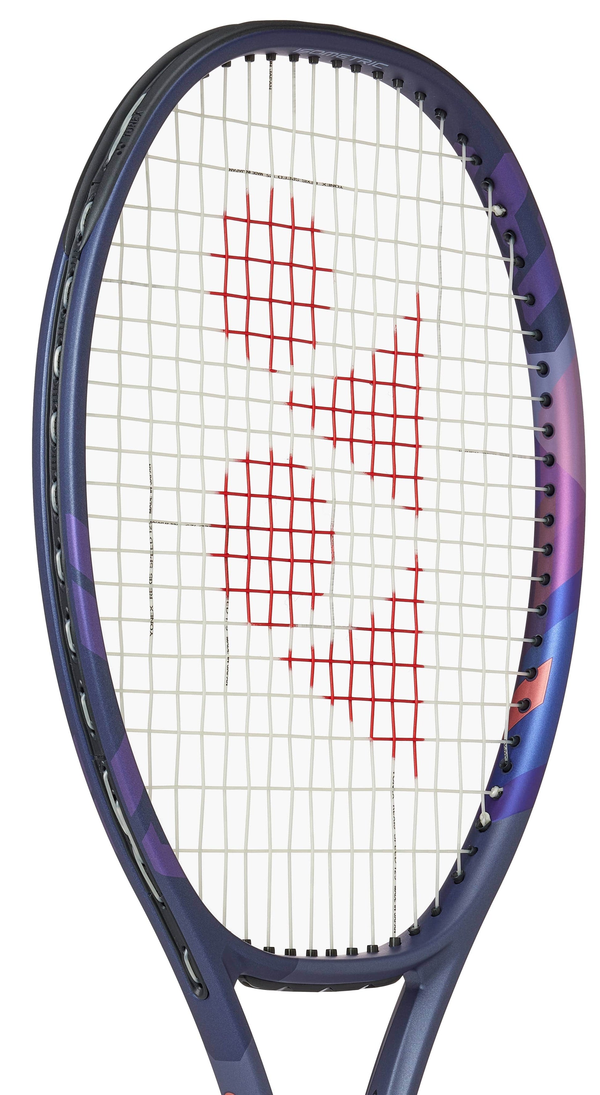 A close-up of the Yonex Percept 97D Midnight Navy Tennis Racket, an advanced player model featuring a dark blue frame and red Yonex logo on white strings.