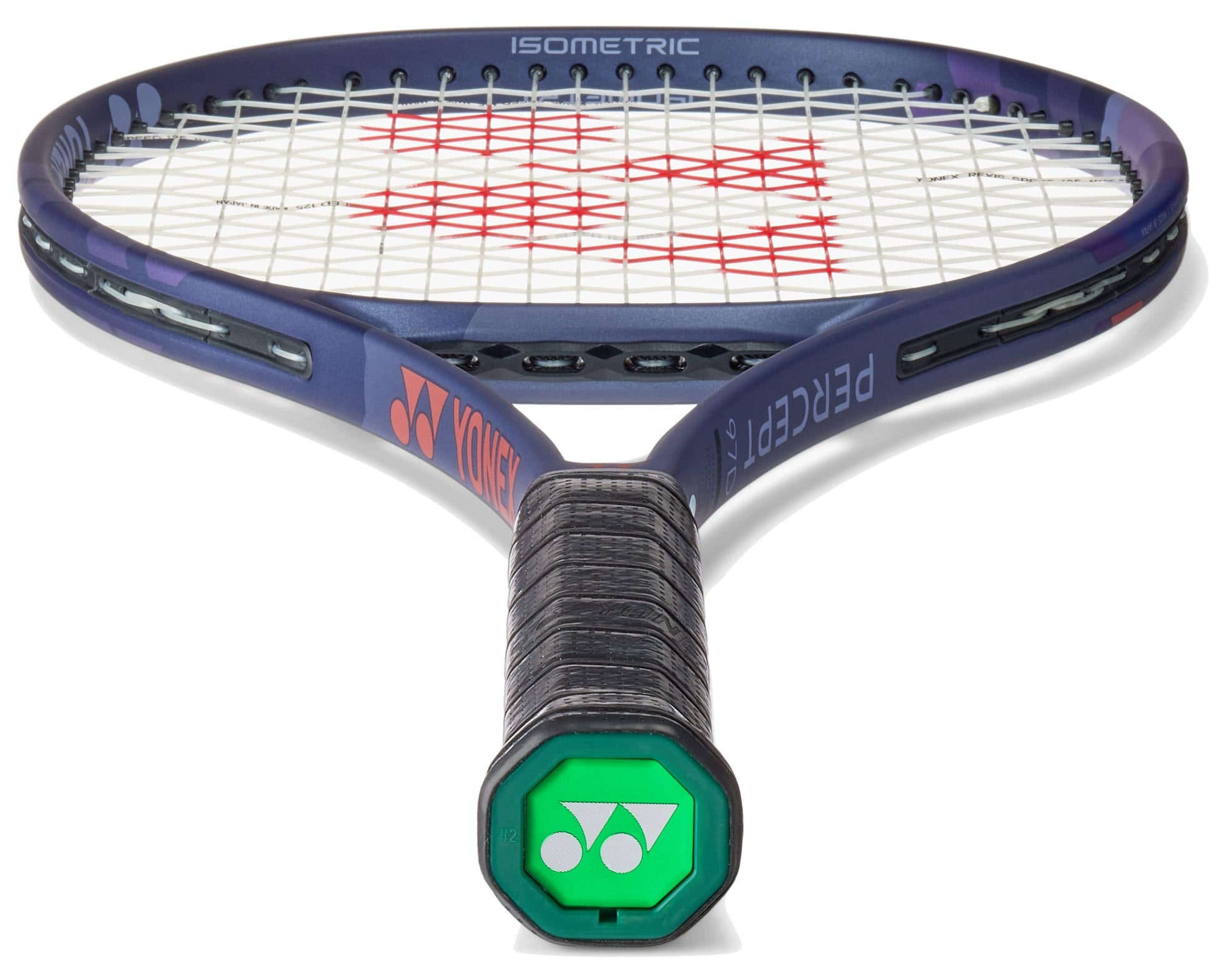 A close-up of the Yonex Percept 97D Midnight Navy Tennis Racket, designed for advanced players. The black grip contrasts with the navy frame, which sports red and white accents and the Yonex logo on the strings.