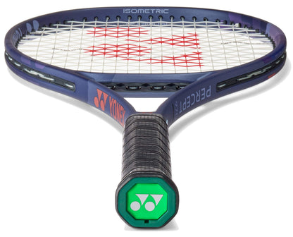 A close-up of the Yonex Percept 97D Midnight Navy Tennis Racket, designed for advanced players. The black grip contrasts with the navy frame, which sports red and white accents and the Yonex logo on the strings.