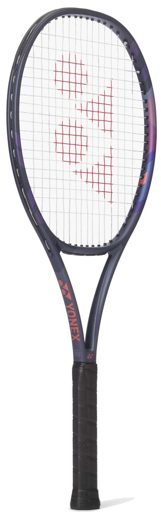 A Yonex Percept 97 Midnight Navy Tennis Racket with a black grip and red geometric pattern strings. Designed for advanced players, the Yonex logo appears on both the frame and strings.