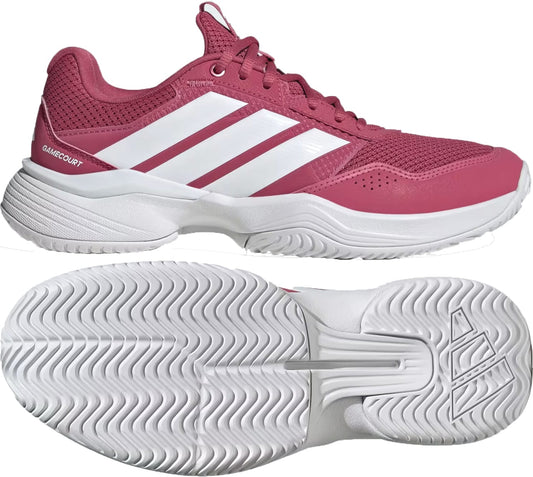 The adidas GameCourt 3 Women's Tennis Shoes in Dual Magenta/Cloud White feature a lightweight mesh and synthetic upper, white sole with wavy tread for all-court performance, and the iconic three stripes on the side.