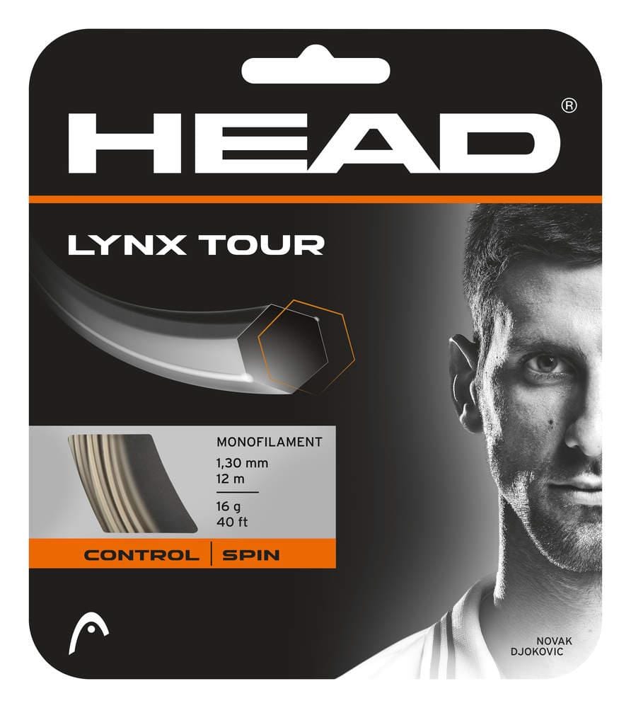 Packaging of Tennis HQ's Choose Strings, showcasing a close-up of a player on the right. These 1.30 mm monofilament strings are available in lengths of 12 m or 40 ft, with a design that emphasizes control and spin.