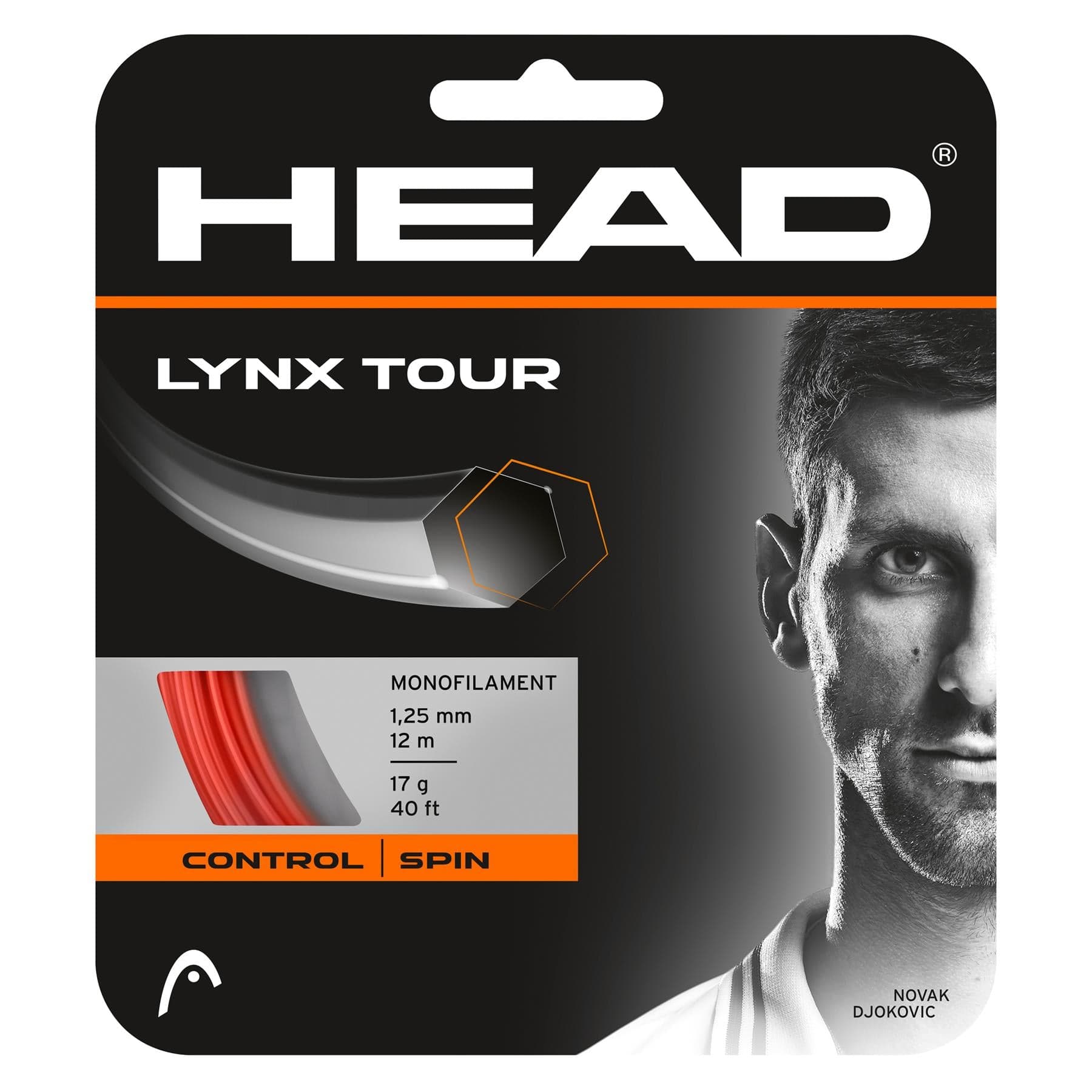 Packaging for Tennis HQ's Choose Strings features a partial portrait of a person and highlights its specifications: monofilament design, 1.25 mm thickness, available in 12 m (40 ft) length weighing 17 g. The design emphasizes control and spin with its predominantly black and orange color scheme.