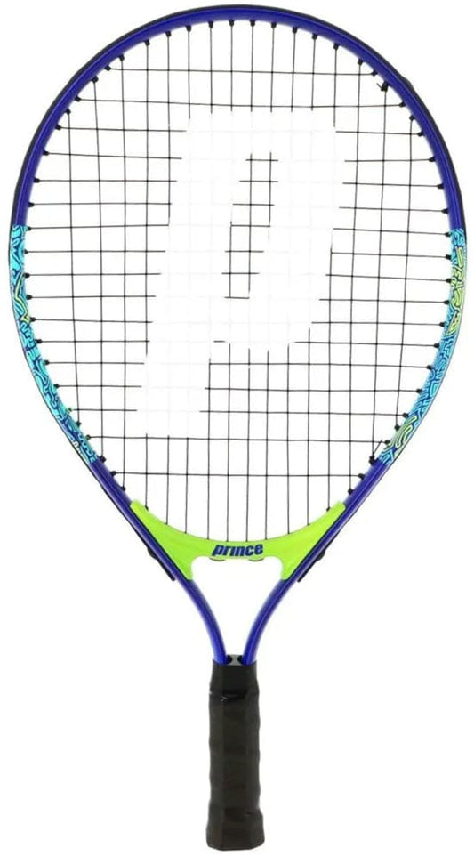 The Prince Ace/Face 19 Junior Tennis Racket features a blue and green design with black strings, a black grip, and a large white Prince "P" logo on the strings.