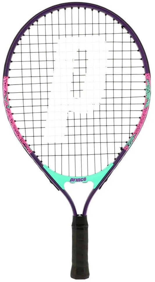 The Prince Ace/Face 19 Junior Tennis Racket by Prince features a purple and teal frame, black strings with a large white "P," "Prince" on the throat, and a black handle—ideal for young players seeking a quality kids tennis racket.