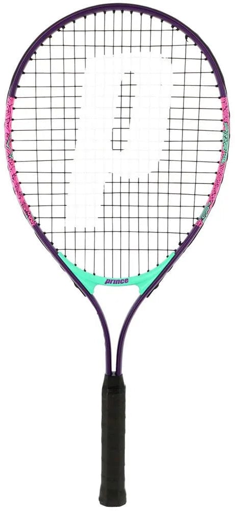 The Prince Ace/Face 25 Junior Tennis Racket features a purple frame, black grip, teal and pink accents, plus a large white “P” on the strings—ideal for young beginners.