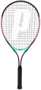 The Prince Ace/Face 25 Junior Tennis Racket features a purple frame, black grip, teal and pink accents, plus a large white “P” on the strings—ideal for young beginners.