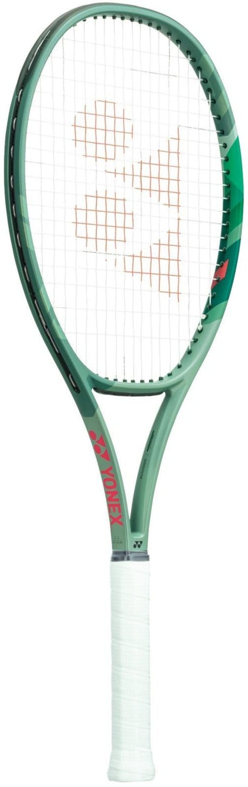 The Yonex Percept 100L Tennis Racket, perfect for intermediate players, boasts an olive green frame accented by red and green details. Its white grip enhances the striking orange logo on the strings, delivering a dynamic and stylish appearance.