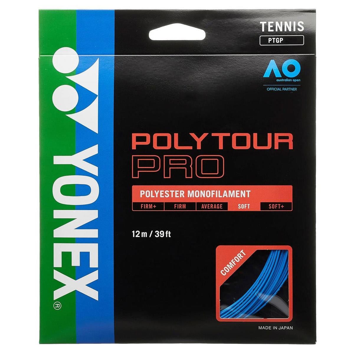 Pack of Tennis HQ Choose Strings polyester monofilament tennis strings, 12m/39ft length. The packaging features a black background with blue and green accents, emphasizing comfort and softness levels.