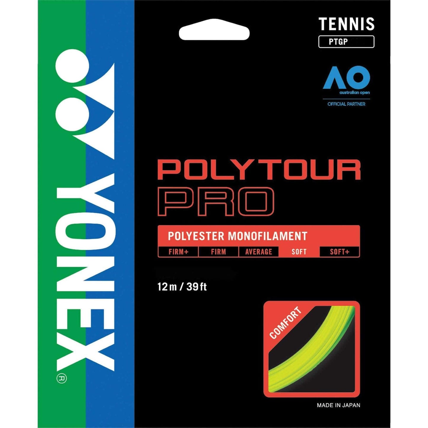 Black packaging for Tennis HQ Choose Strings, featuring polyester monofilament with a highlighted yellow string. It indicates "12m/39ft" and is "Made in Japan." The package includes logos for Yonex, tennis, and the Australian Open.