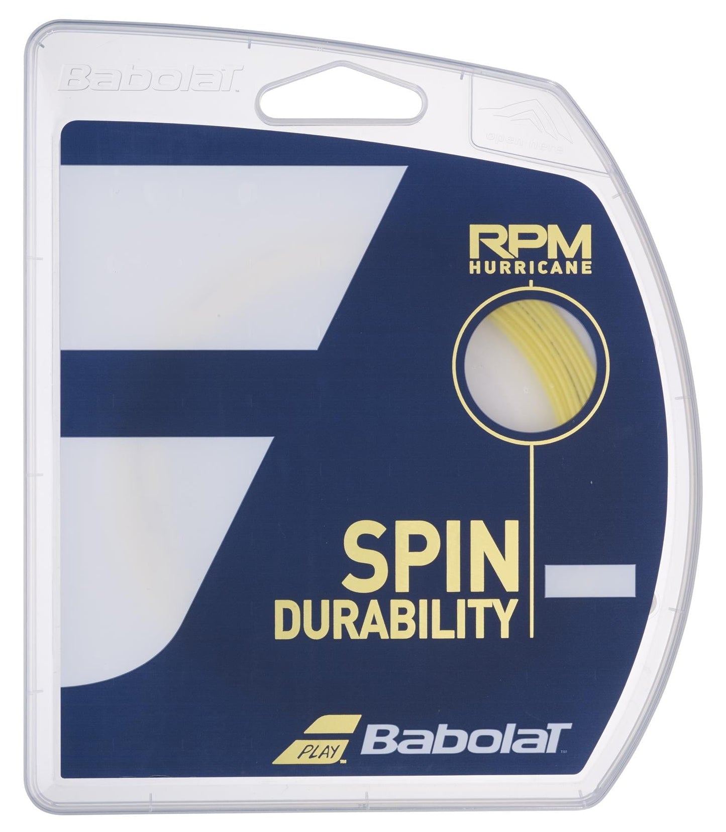 Packaging of Choose Strings by Tennis HQ tennis string. The front features the brand name, logo, and product characteristics: "Spin" and "Durability." The packaging is blue and white, showcasing a view of the yellow string inside.
