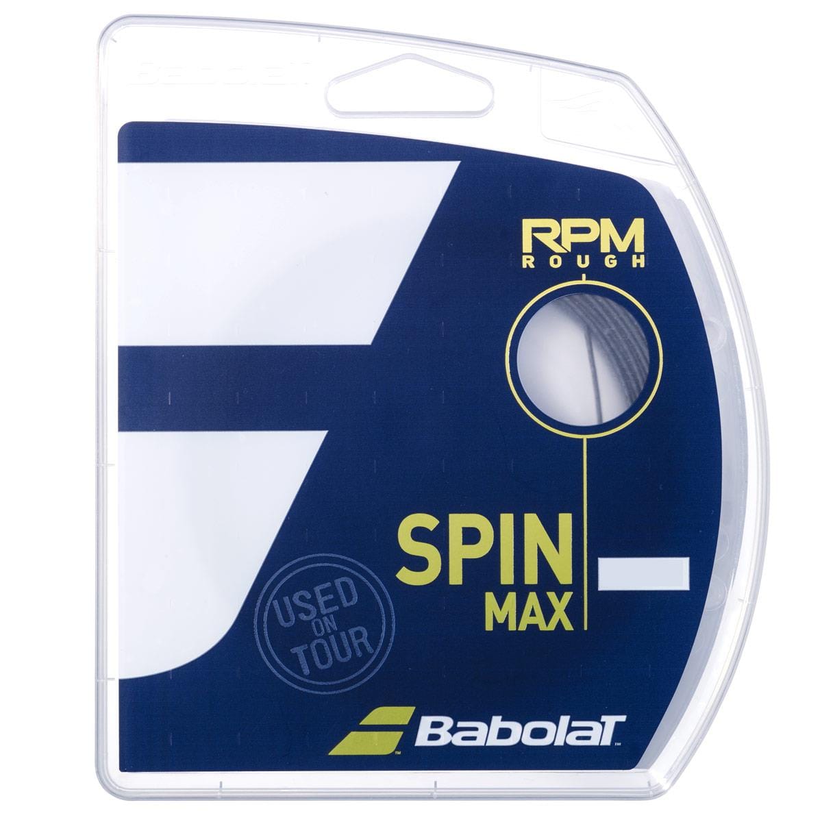 Close-up of Tennis HQ Choose Strings packaging. The packaging is blue and white, featuring a circular window displaying the strings. Text includes "Used on Tour" and "RPM Rough Spin Max.