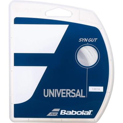 Package of Tennis HQ Choose Strings tennis strings, showcasing a blue and white design with the text "SYN GUT" and "UNIVERSAL." A small window reveals a portion of the string inside.