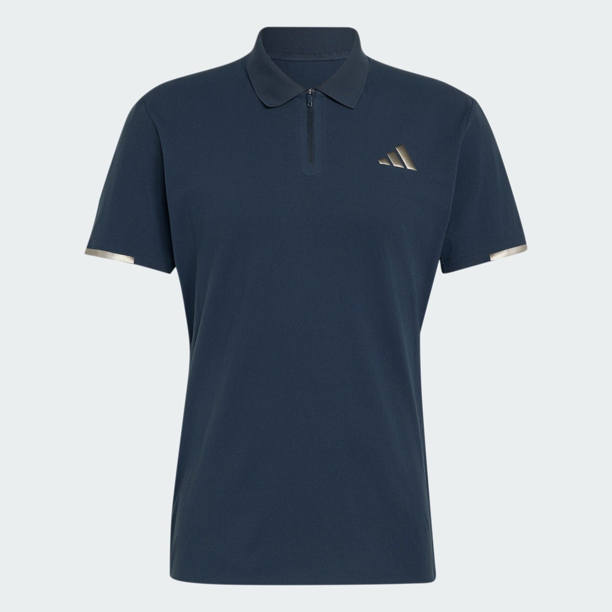 The adidas Climacool Mens Tennis Polo Shirt in Aurora Ink features a zip-up collar, gold sleeve accents, and a gold chest logo. Made with Climacool technology by adidas, it's shown against a plain light background.