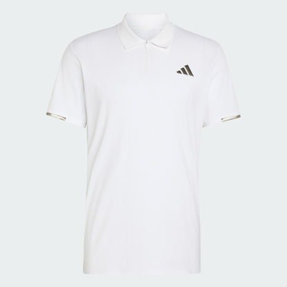 The adidas Climacool Mens Tennis Polo Shirt in white features a collar, zippered neckline, small black adidas logo on the left chest, and silver sleeve accents for classic tennis style.