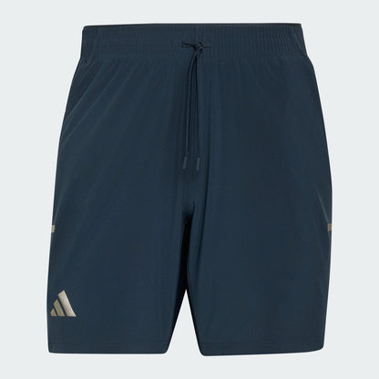 Adidas Climacool Men's Tennis Shorts in Aurora Ink offer moisture-wicking comfort, an elastic waistband with drawstring, and a white adidas logo on the left leg. Their streamlined design is perfect for tennis and everyday wear.
