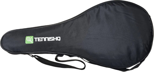 The TennisHQ Full Size Universal Racket Cover Case in black features a shoulder strap, "TENNISHQ" branding, and a green logo with a racket and ball. A stylish and practical choice for protecting your racquet.