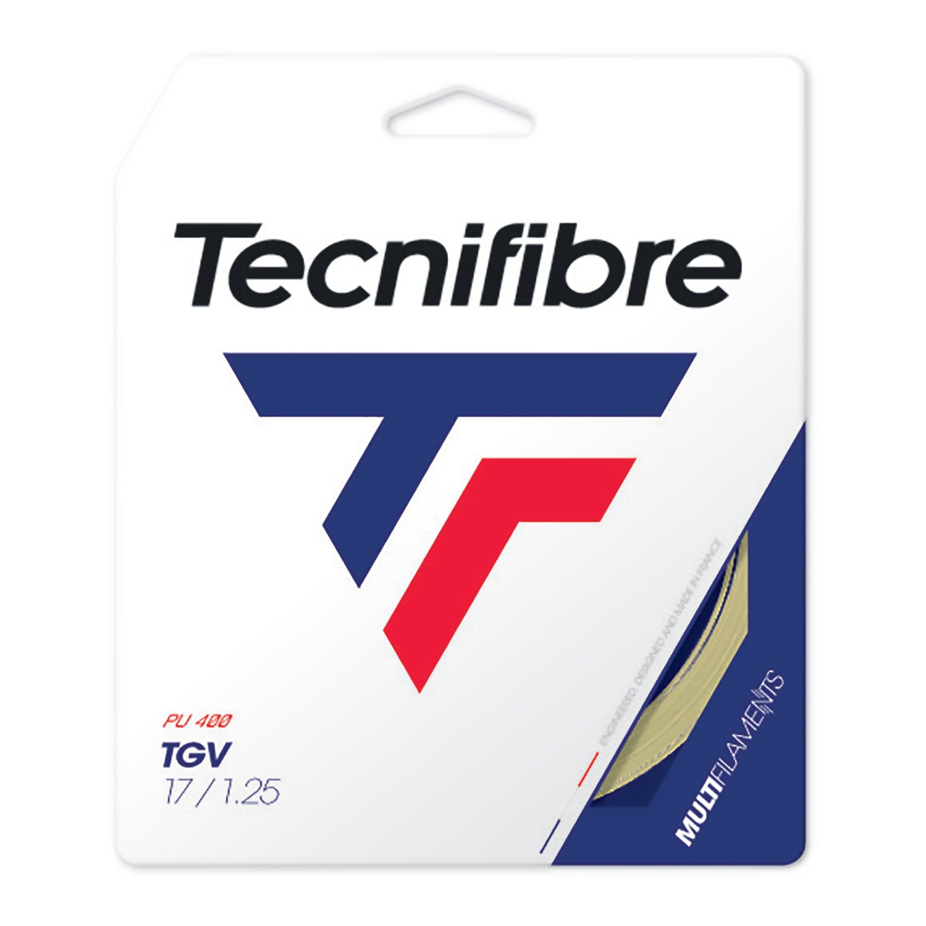 Packaging of Tennis HQ's Choose Strings multifilament tennis string. The design features the brand logo and the colors blue, red, and white, along with the specifications "17 / 1.25" and "PU 400" prominently displayed.