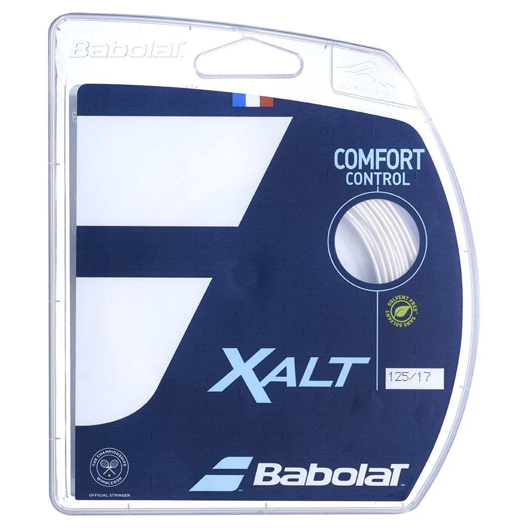 A package of Tennis HQ Choose Strings labeled "Comfort Control," featuring white strings inside. The packaging includes the Tennis HQ logo, a partial French flag, and specifications "125/17.