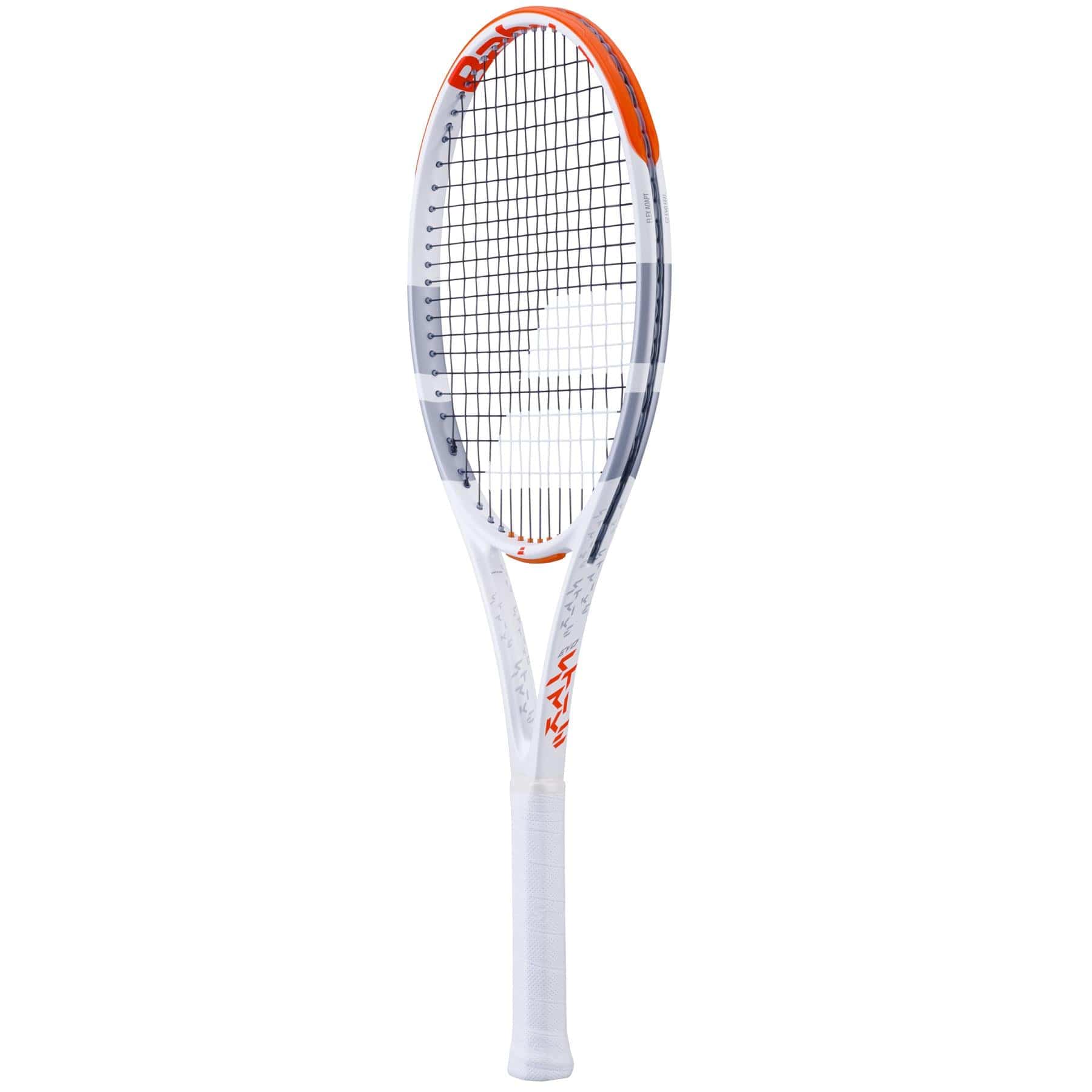 The Babolat Evo Strike Gen 2 Tennis Racket stands out with its stylish white design complemented by red and grey accents. This racket offers an excellent combination of power and control, featuring a precisely strung grid of strings and a comfortable white handle, making it the perfect choice for players who prioritize precision on the court.