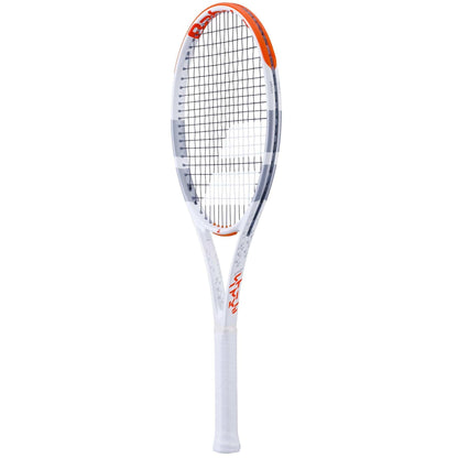 The Babolat Evo Strike Gen 2 Tennis Racket stands out with its stylish white design complemented by red and grey accents. This racket offers an excellent combination of power and control, featuring a precisely strung grid of strings and a comfortable white handle, making it the perfect choice for players who prioritize precision on the court.