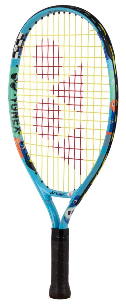 The Yonex Junior 19 Ocean Blue Tennis Racket features a blue frame, black grip, yellow string pattern, and red center logo—perfect for kids or beginner tennis players.