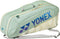 The Yonex 02626EX Expert 6 Racket Tennis Bag in smoke green features the Yonex logo and name in blue, a handle, shoulder strap, multiple zippered compartments, and dedicated racket storage to keep your gear organized.
