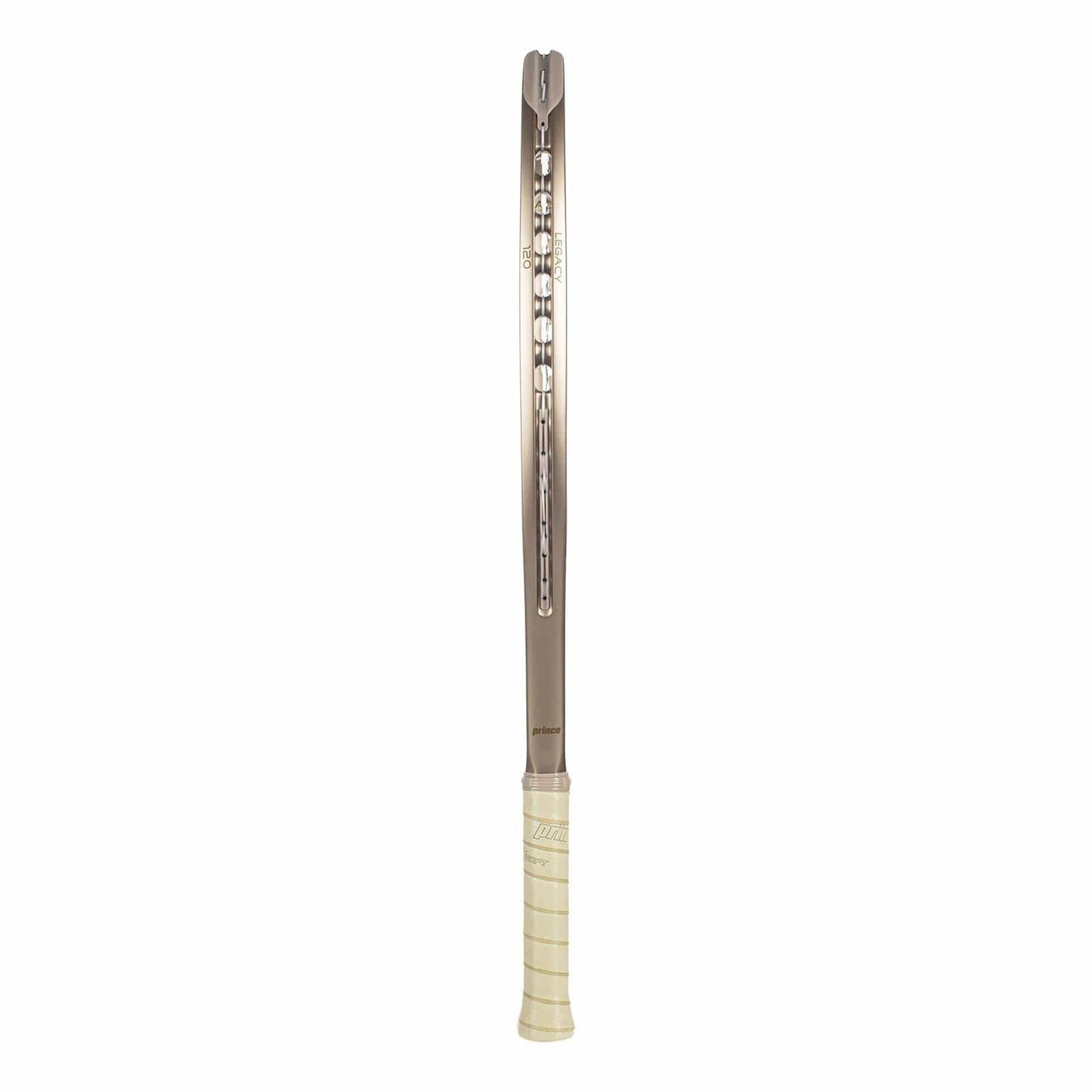 A metal fly swatter shaped like a tennis racket, with a beige handle and large sweetspot inspired by the Prince O3 Legacy 120 2025 Tennis Racket, shown from the front on a white background.