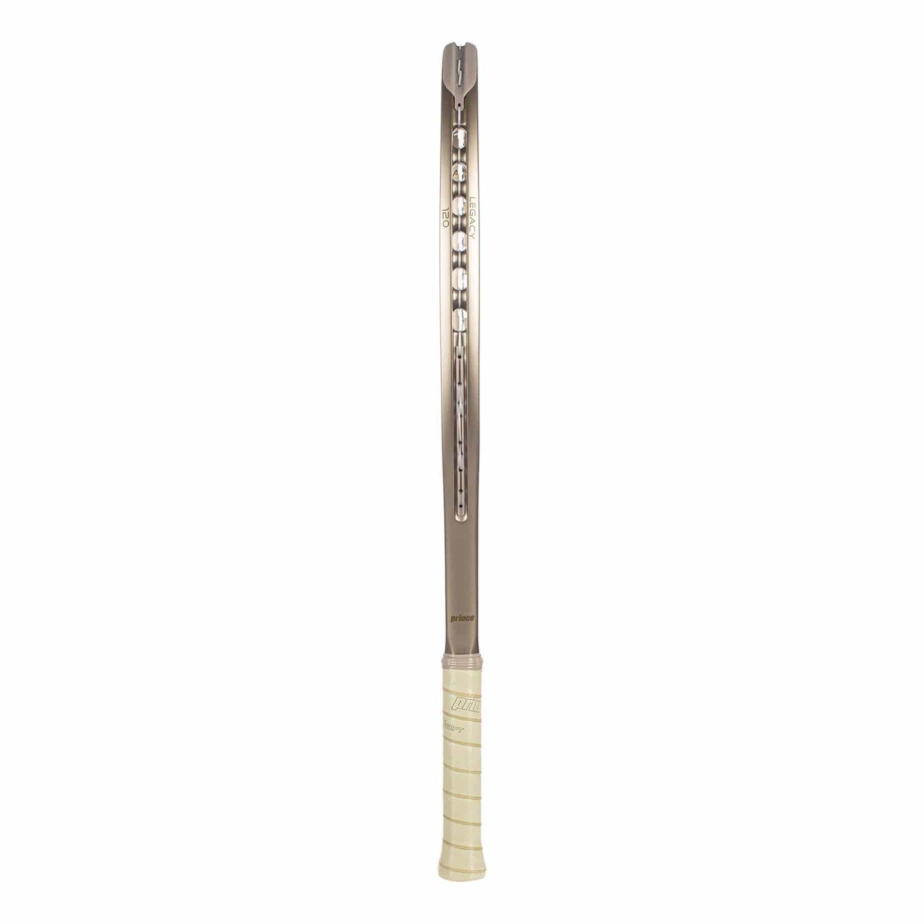 A metal fly swatter shaped like a tennis racket, with a beige handle and large sweetspot inspired by the Prince O3 Legacy 120 2025 Tennis Racket, shown from the front on a white background.