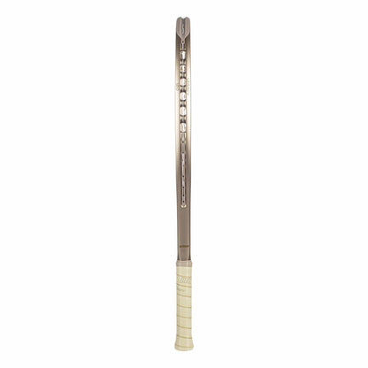 A metal fly swatter shaped like a tennis racket, with a beige handle and large sweetspot inspired by the Prince O3 Legacy 120 2025 Tennis Racket, shown from the front on a white background.