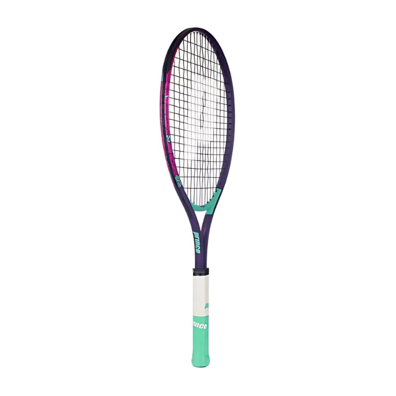 A Prince Ace/Face 26 2025 Junior Pink / Teal Tennis Racket by Prince stands upright against a plain white background, featuring a vibrant pink and teal design—perfect for young tennis players.