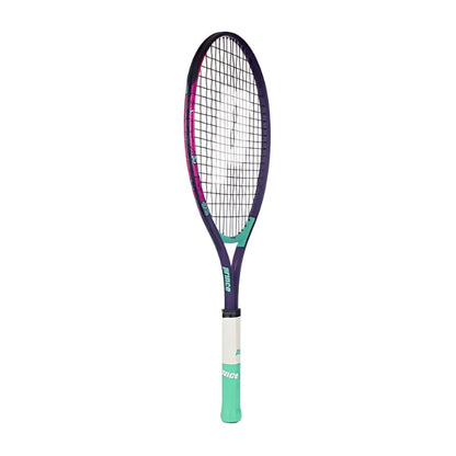 A Prince Ace/Face 26 2025 Junior Pink / Teal Tennis Racket by Prince stands upright against a plain white background, featuring a vibrant pink and teal design—perfect for young tennis players.
