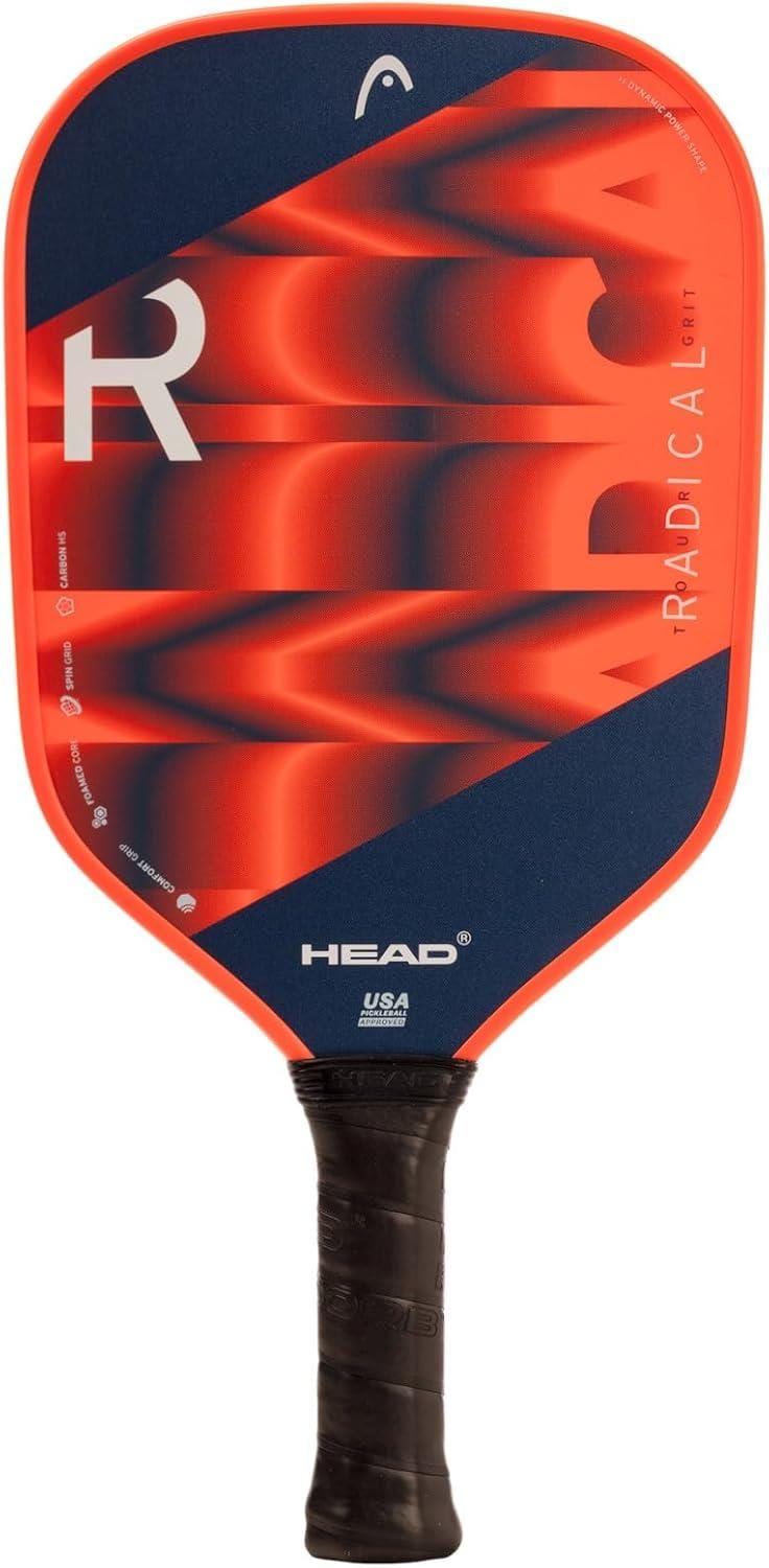 The HEAD Radical Tour Grit 2024 Pickleball Paddle features red and blue geometric designs, a black grip, “RADICAL” branding, graphite hitting surface for enhanced play, and the iconic HEAD logo on its face.