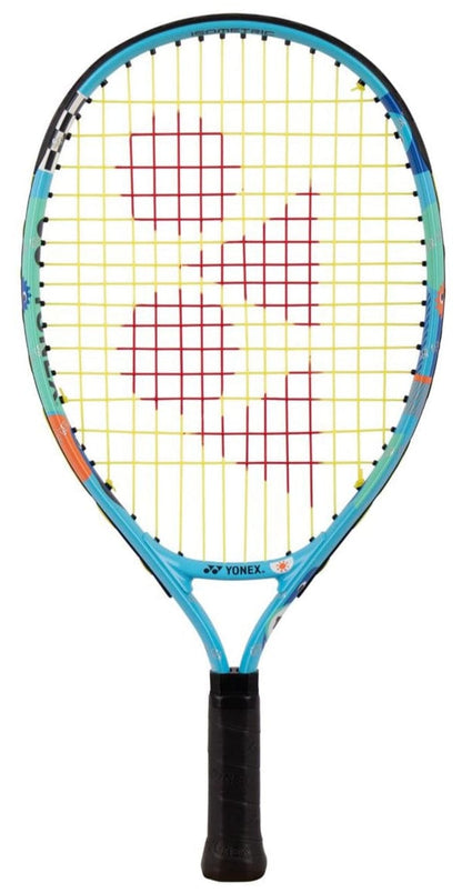 The Yonex Junior 19 Ocean Blue Tennis Racket, featuring a black handle, yellow strings, and a red Yonex logo on the strings, is displayed against a white background—ideal for young beginners.