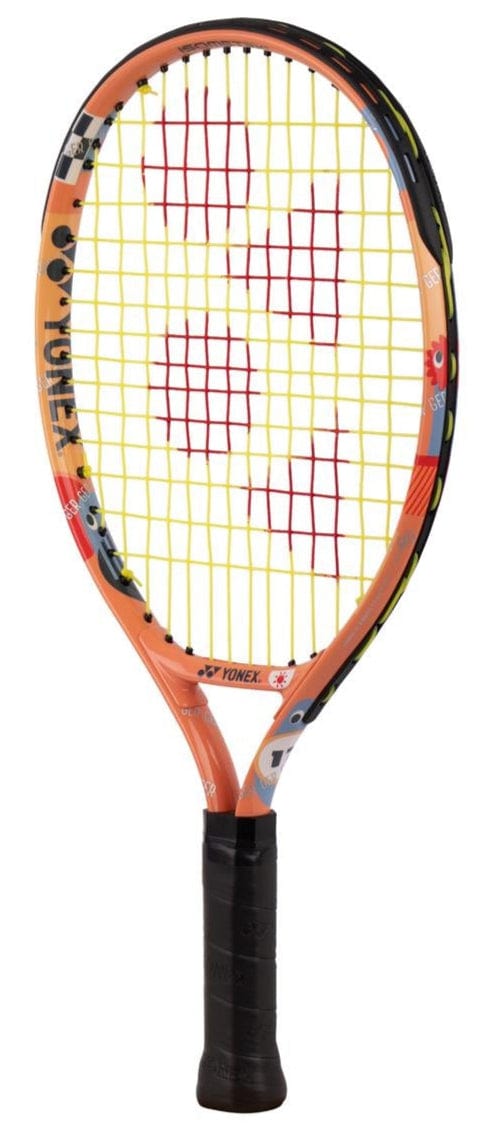 The Yonex Junior 17 Coral Orange Tennis Racket features a striking orange design with black and yellow accents, making it an ideal choice for young players seeking a quality kids' racket.