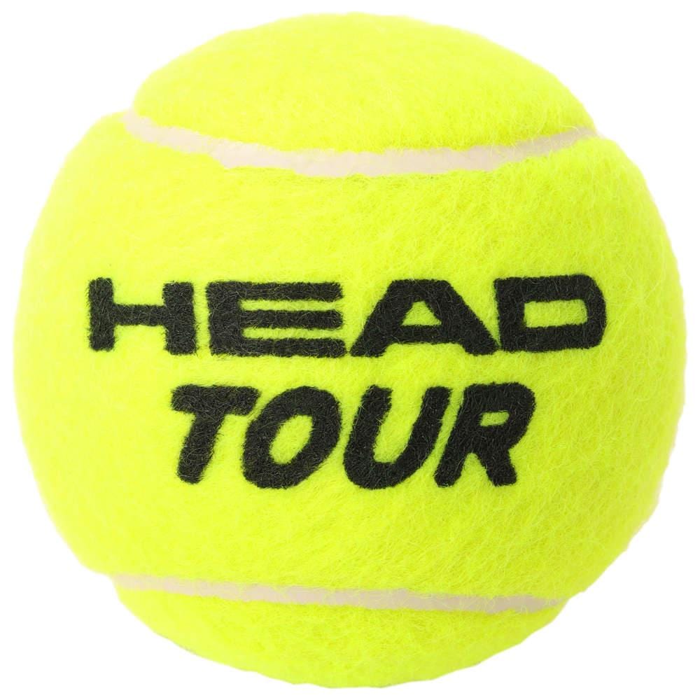 A close-up of a vibrant yellow HEAD Tour Tennis Ball showcasing the text "HEAD TOUR" in black on its plush surface. Developed for tennis matches, it incorporates Dynamic (EN)Core technology to ensure peak performance.