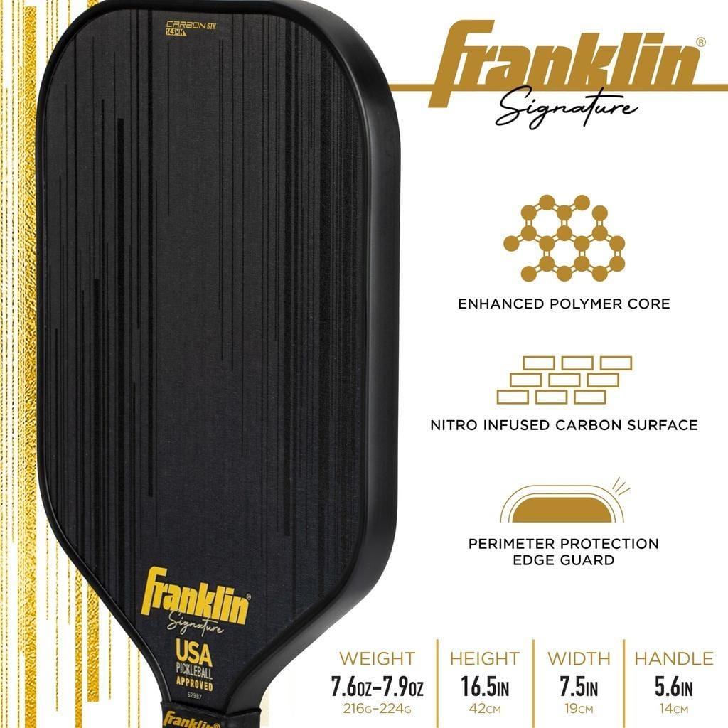 The Franklin Carbon STK 14.5mm Pickleball Paddle features a black design with gold text, enhanced polymer core, nitro infused carbon surface, and perimeter edge guard. This USAPA-approved paddle delivers pro specs for serious players.