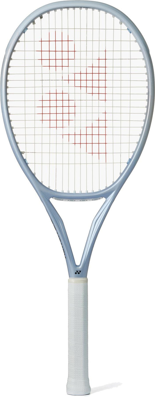 The Yonex Muse 100 Tennis Racket features a white grip, light gray Synchro Frame, and strings with a red "YY" logo—built by Yonex for stress-free rallying and precise control on the court.