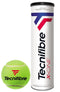 Image of a 4-ball tube labeled "Tecnifibre X-ONE Tennis Balls" next to a green tennis ball with the same branding, ideal for ATP tournaments. The tube displays a red and blue logo, while the tennis ball features a similar black logo, highlighting XD-Core technology for improved performance.