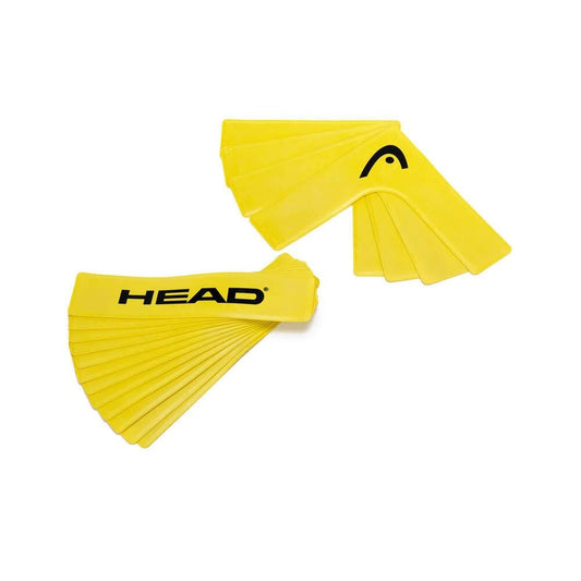 A set of yellow grip tapes, featuring the "HEAD" logo, is displayed on a white background along with another set that showcases only a curved black emblem similar to tennis court lines.