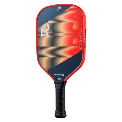 The HEAD Radical Pro Pickleball Paddle by HEAD features a red and black geometric design, a black grip, advanced spin technology, and “RADICAL” printed on the composite hitting surface.