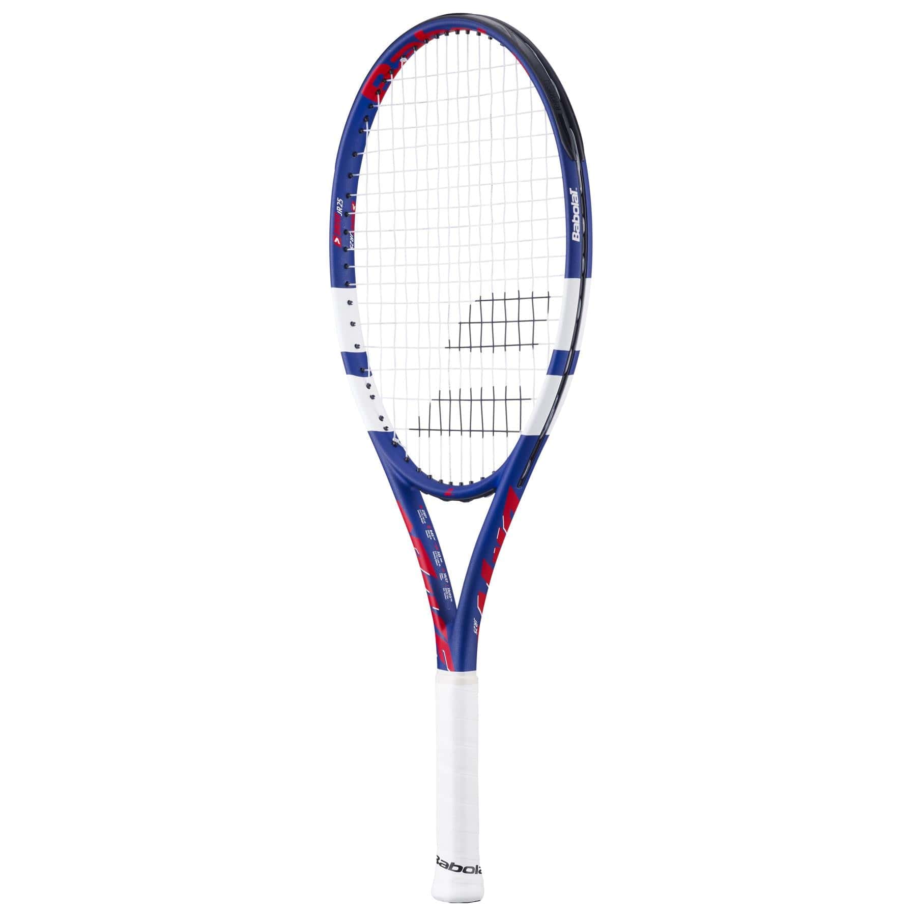 The Babolat Drive Junior 25 Tennis Racket features a blue, white, and red design with a white grip, black strings, and Babolat branding on the neck and frame.