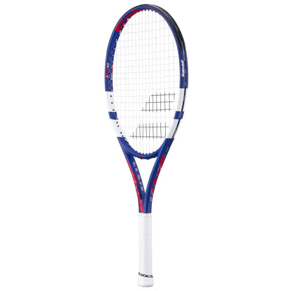 The Babolat Drive Junior 25 Tennis Racket features a blue, white, and red design with a white grip, black strings, and Babolat branding on the neck and frame.