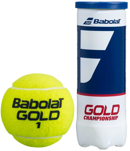 A bright yellow tennis ball, featuring "Babolat Gold 1," is positioned next to a cylindrical container labeled "Babolat EVO Gold Championship Tennis Balls (3 Ball Tube)." This pressurized tennis ball comes in a predominantly blue and white container, accented with bold red text.