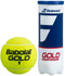 A bright yellow tennis ball, featuring "Babolat Gold 1," is positioned next to a cylindrical container labeled "Babolat EVO Gold Championship Tennis Balls (3 Ball Tube)." This pressurized tennis ball comes in a predominantly blue and white container, accented with bold red text.
