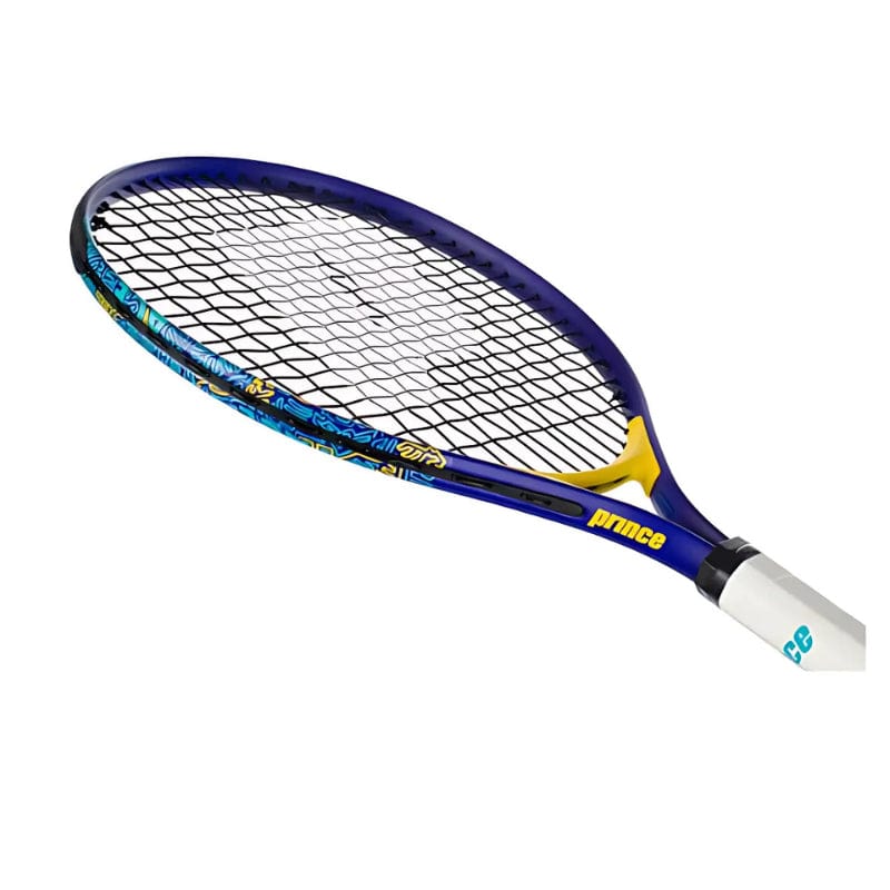 The Prince ace/Face 21 2025 Junior Blue/Yellow Tennis Racket by Prince features black strings and a white grip, displayed against a white background.