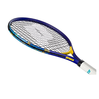 The Prince ace/Face 21 2025 Junior Blue/Yellow Tennis Racket by Prince features black strings and a white grip, displayed against a white background.