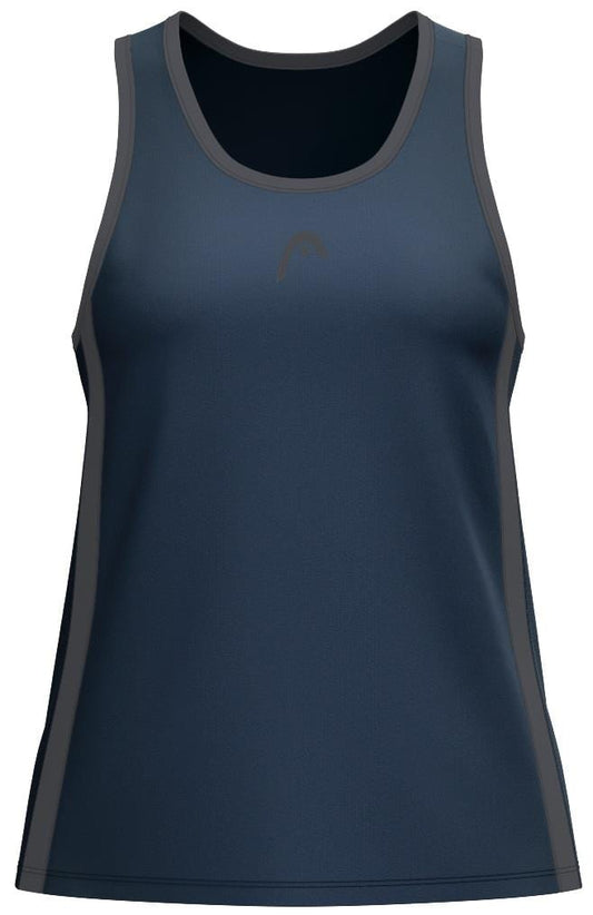 The HEAD Club 25 Tech Women's Tennis Tank Top - Navy is crafted from moisture-transfer microfiber, ensuring you stay cool during intense workouts. Featuring black trim and subtle branding, its smooth, fitted design is perfect for sports or casual wear.