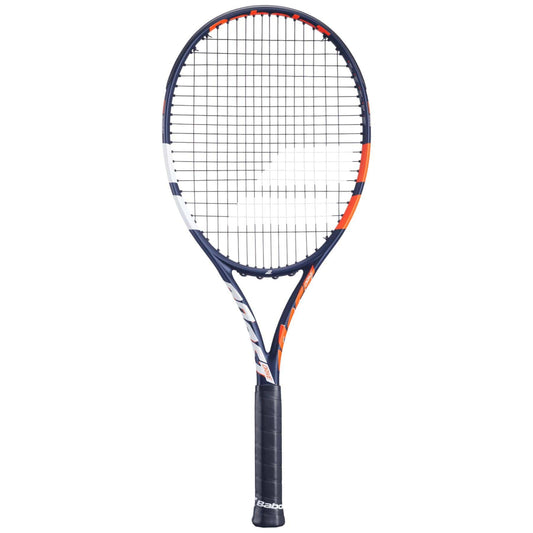 The Babolat Boost Drive Tennis Racket features a lightweight graphite build, black grip, dark blue frame with orange and white accents, tight grid strings on an oval head, and the Babolat logo on its forgiving design.