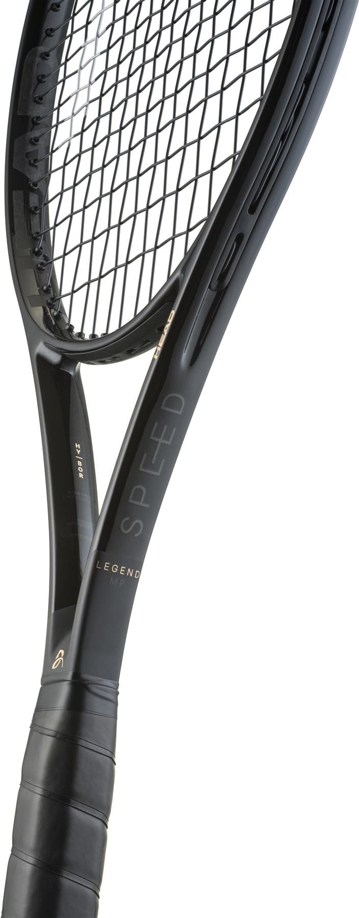 Close-up of the HEAD Speed MP Legend 2025 Tennis Racket, featuring its black frame, strings, and wrapped handle with "SPEED" visible on the side. Inspired by designs favored by Novak Djokovic. White background.